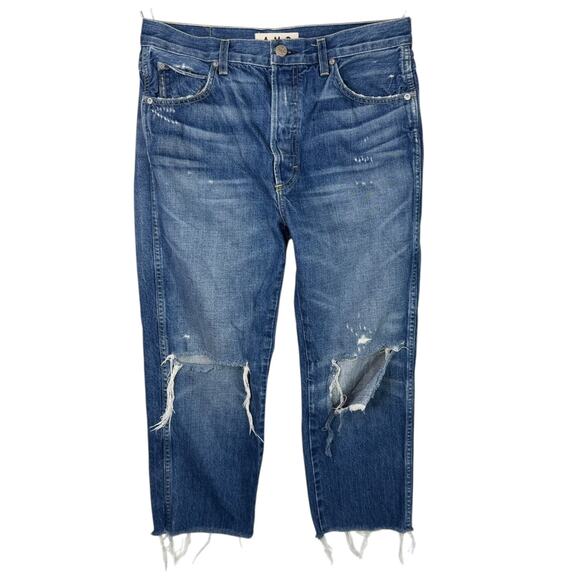 AMO Loverboy Jeans Crop Straight High Rise Ripped Knees Distressed Denim 30 - Picture 1 of 7